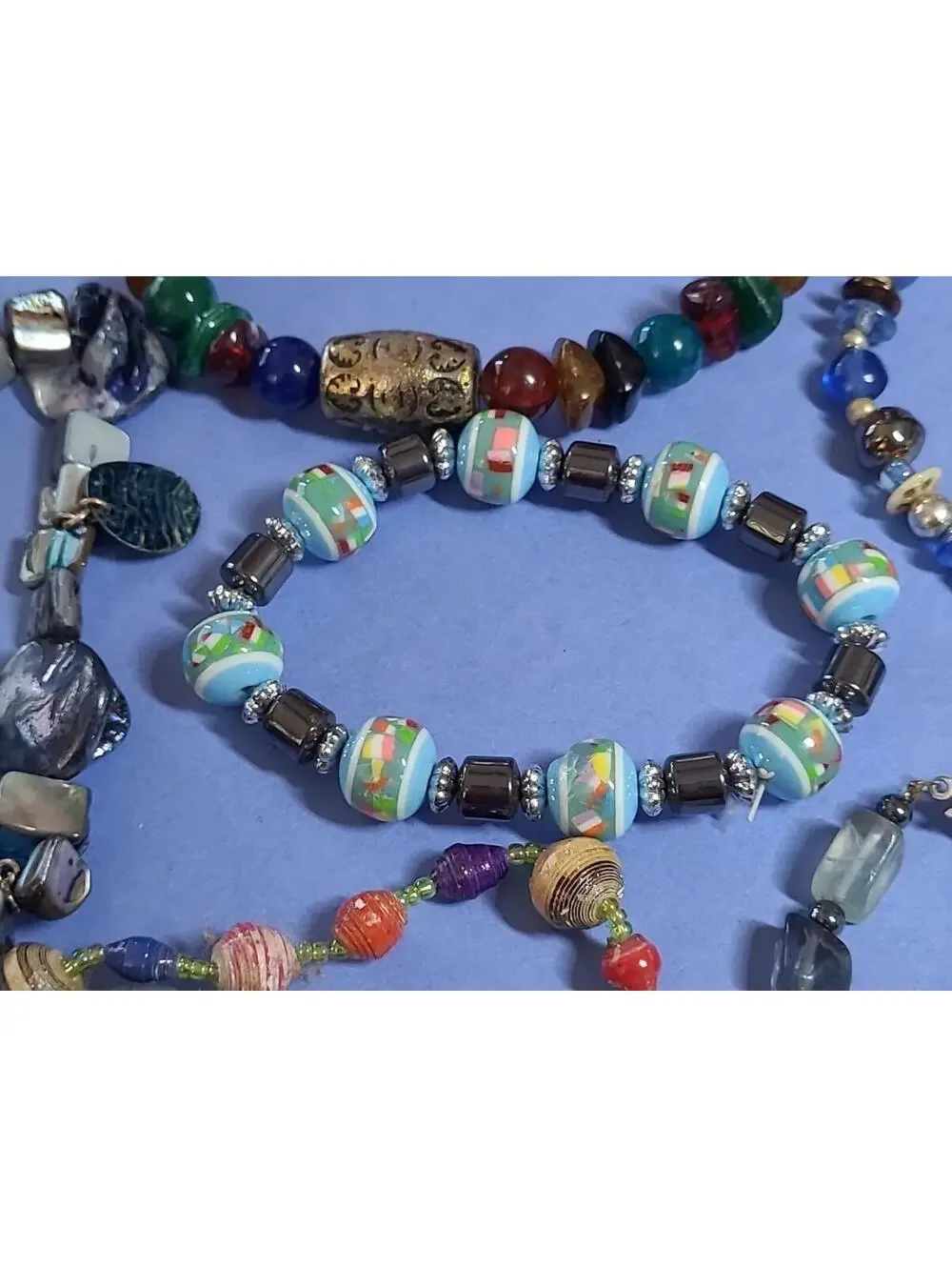 Lot Of 9 Beaded Stretch Braclets. Mixed Stones & Materials